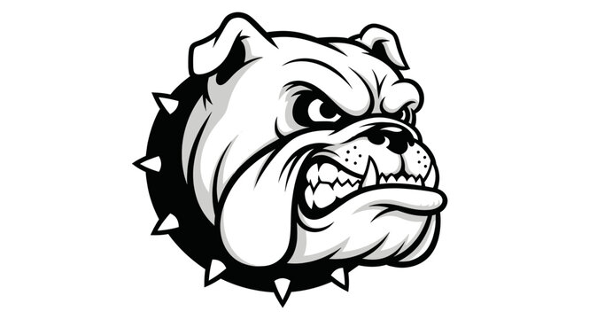 Aggressive Monochrome Bulldog Head with Spiked Collar Cartoon Illustration on White Background Depicting Fierce Canine Facial Expression