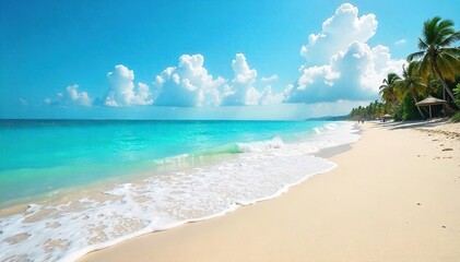 Fototapeta premium Crystal-clear turquoise ocean waves crash gently on a pristine sandy beach under a vibrant summer sky Perfect for travel, vacation, or summer themed projects , serenity, scenic