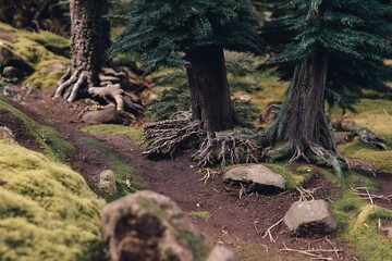 Miniature trees and mossy terrain