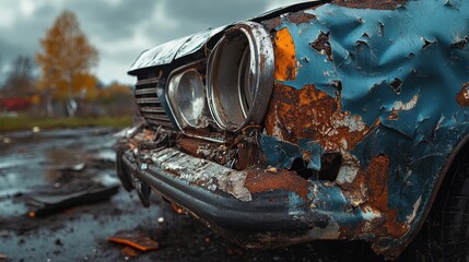 Rusty vintage car with peeling paint and damaged headlights in nature