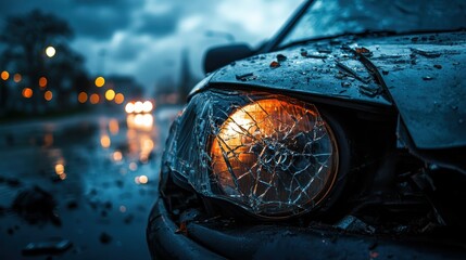 Damaged Car Headlight in Urban Street During Rainy Twilight Scene