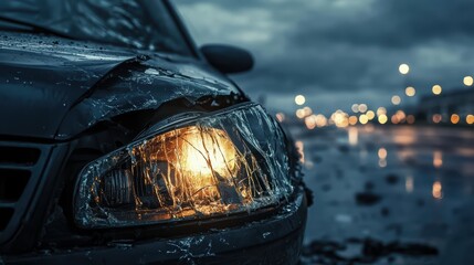 Damaged Car Headlight after Collision on Rainy Night Road Scene