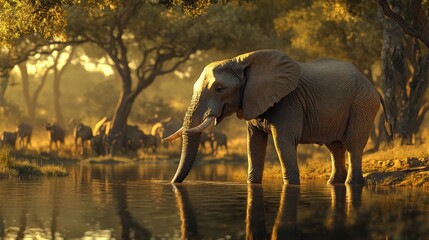 Elephant Drinking Water in Serene Landscape at Sunset Glow