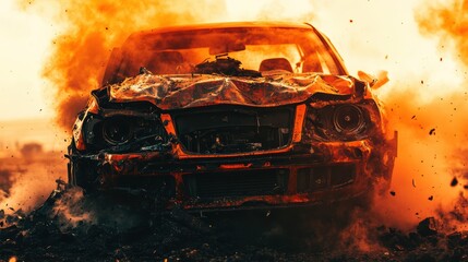 Dramatic Scene of Burning Car Surrounded by Smoke and Flames