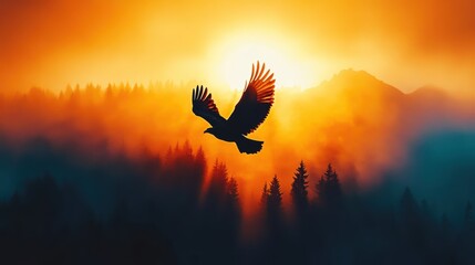 Majestic Bird Soaring Against a Vibrant Sunset in Forest Landscape