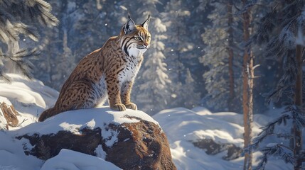 Majestic Lynx Sitting on Rock in Snowy Forest Landscape