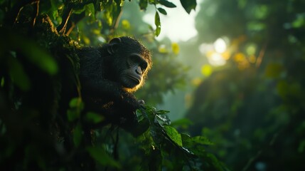 Thoughtful Monkey in Lush Rainforest with Soft Sunlight