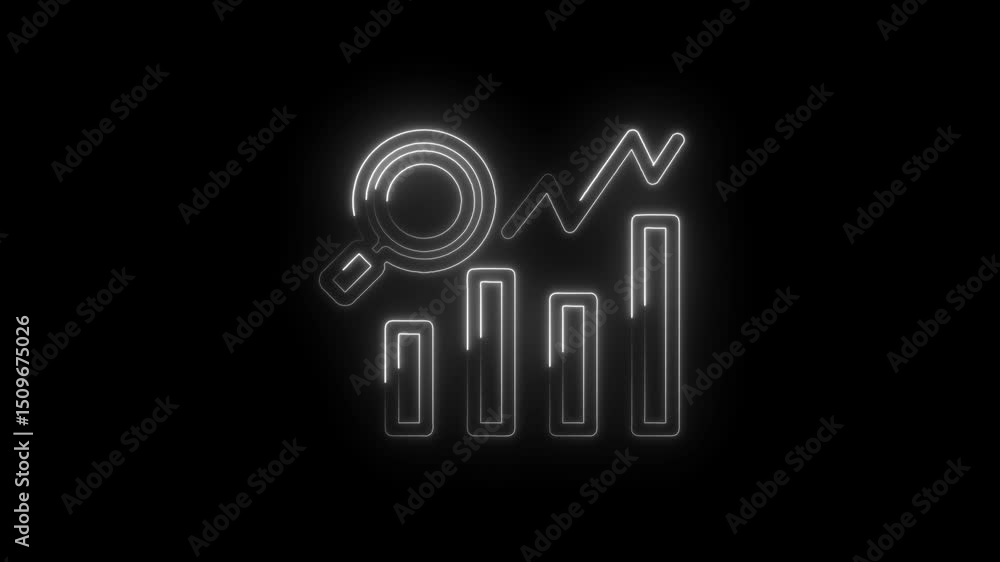 Poster neon data analysis graph with magnifying glass icon glowing on dark background