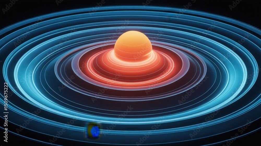 Poster celestial orb with luminous azure rings and a distant cubic voyager
