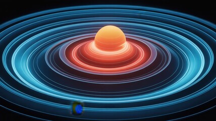 Celestial Orb with Luminous Azure Rings and a Distant Cubic Voyager