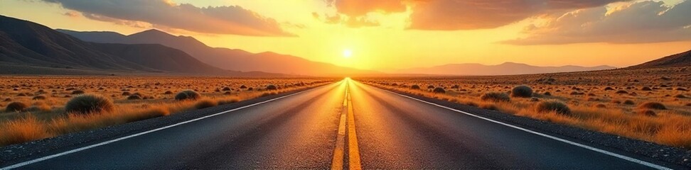 Endless asphalt ribbon vanishing into a hazy, sun-drenched horizon Distant hills and sky meet in a breathtaking vista of open road adventure , adventure, empty road