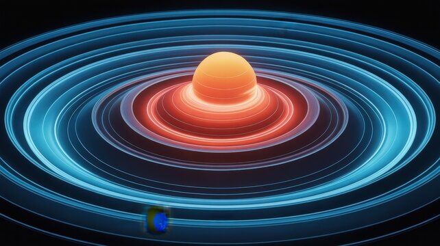 Celestial Orb with Luminous Azure Rings and a Distant Cubic Voyager