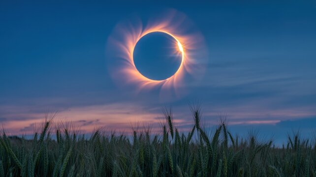Celestial Spectacle: A Total Solar Eclipse Casting Its Fiery Corona Over a Serene Wheat Field