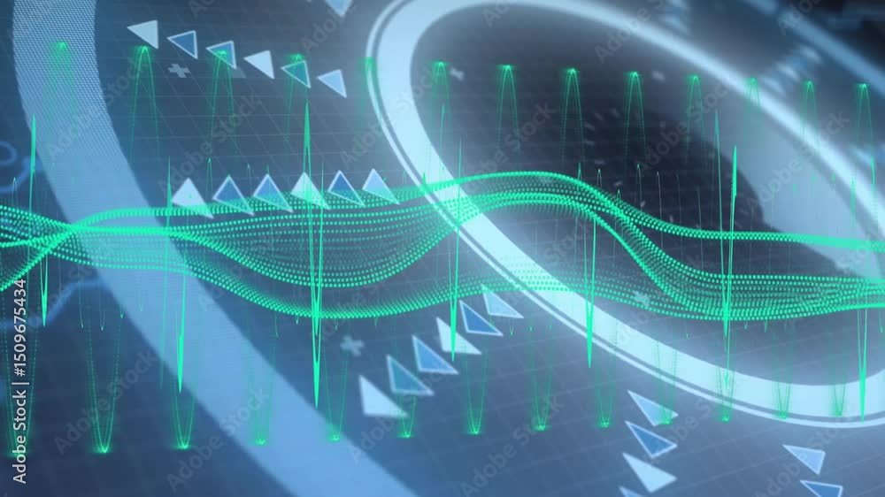 Poster hud grid opening starting wave scrolling, ring emerging rotating, arrows moving visualizing flow