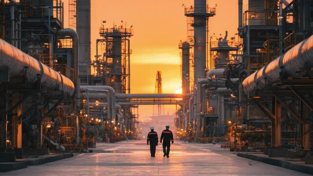 Industrial Harmony: Two workers traverse the grounds of a sprawling industrial facility bathed in the warm hues of an early morning or late evening, symbolizing human endeavor amidst the industry