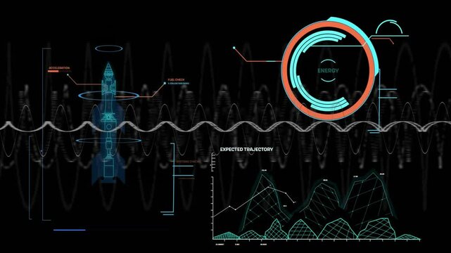 Waveform oscillating starting launch, rocket animating meter and chart showing trajectory readiness