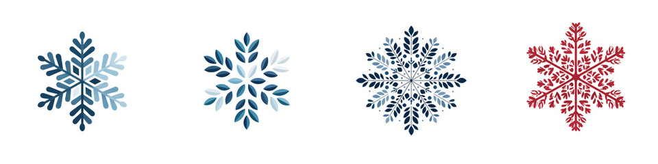 Colorful, intricate snowflake designs in varying shades of blue and red, showcasing unique shapes and patterns, perfect for winter-themed decorations and festive graphics.