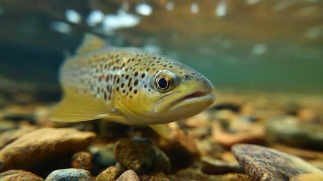 Brown trout swimming in clear water among rocks underwater nature scene