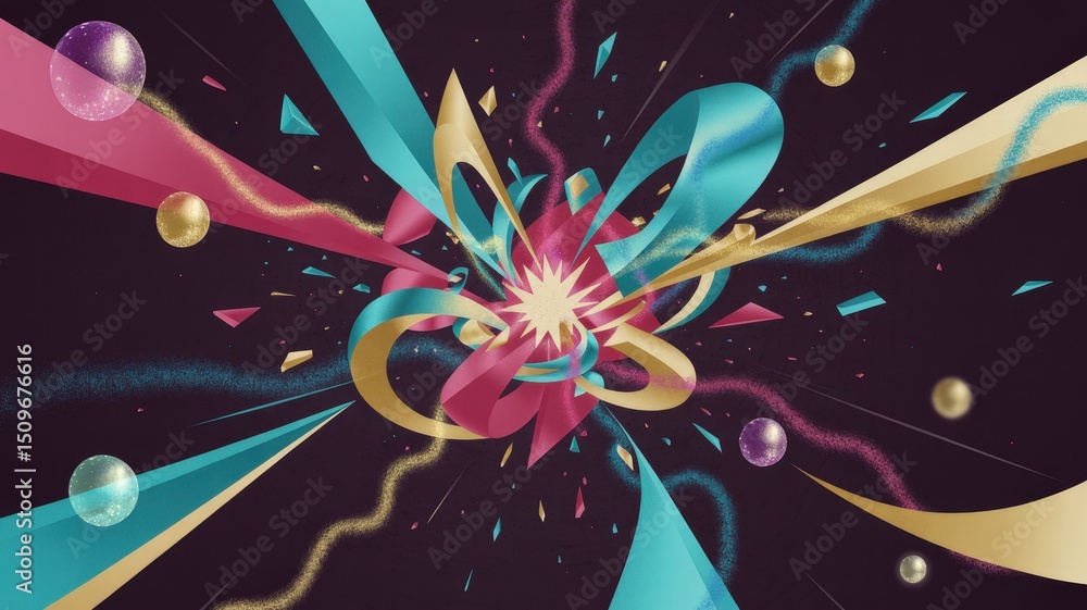 Poster cosmic burst of colorful ribbons and shards in abstract space