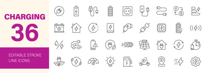 Fototapeta na wymiar Charging icon set. Containing charge, battery, energy, electricity, charger, recharge, electric car, electric socket and more. Editable line icons. Vector illustration.