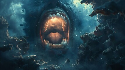 Cosmic portal shaped like an open mouth leading to a universe of healthy teeth sci fi fantasy scene