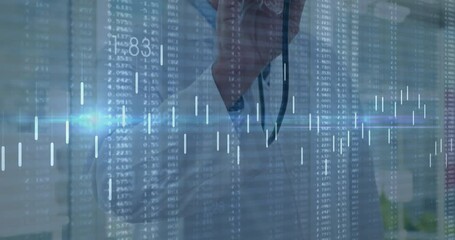 Scrolling data streams revealing doctor raising stethoscope for merging medical care with charts - Powered by Adobe