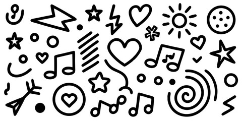 A collection of hand drawn doodle elements including arrows music notes and hearts