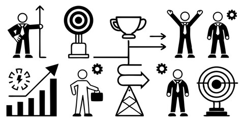 Conceptual illustrations depicting business success, targets, teamwork, and career progression