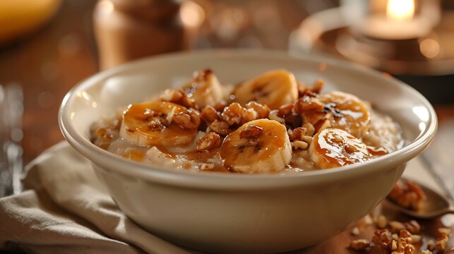 Cozy breakfast scene featuring a bowl of creamy oatmeal topped with caramelized bananas and crushed walnuts