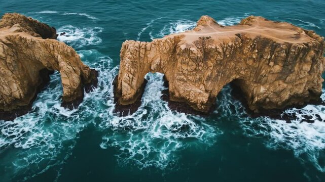 Summer Ocean Waves Crashing Through Rock Archways