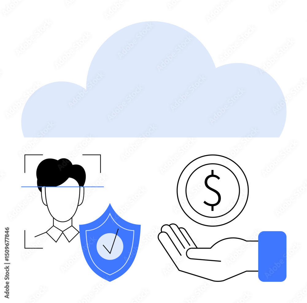 Poster cloud above facial recognition icon, secure shield with checkmark, coin in hand. ideal for privacy, 