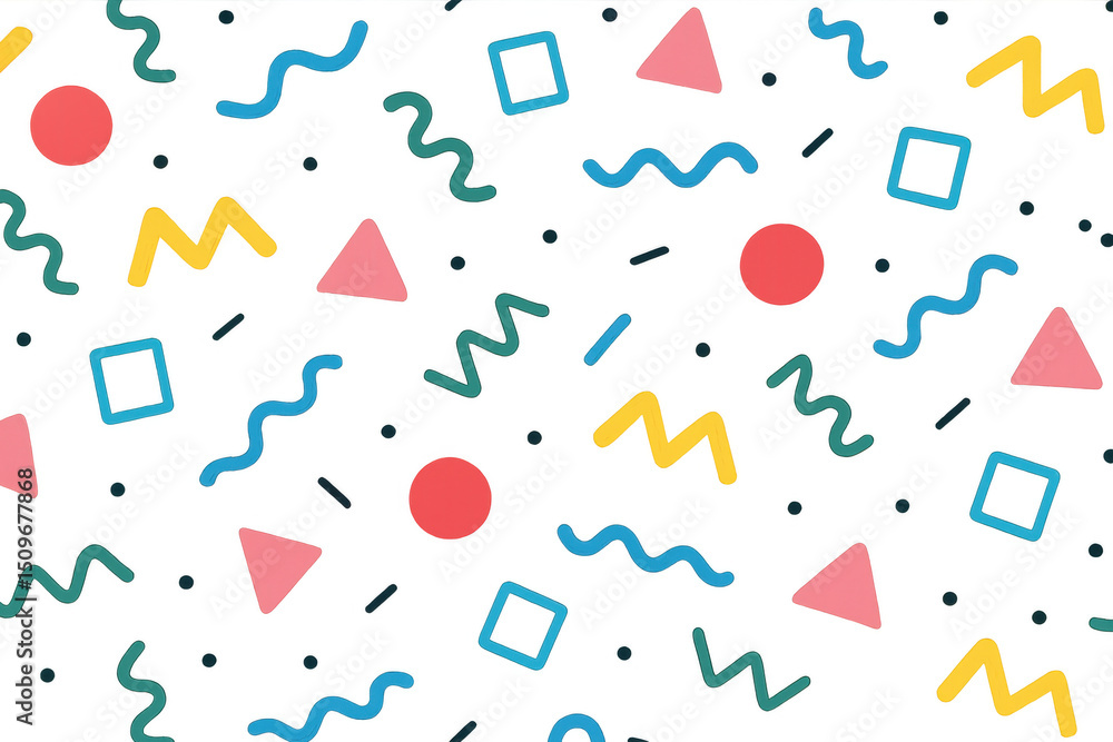 Poster seamless pattern with colorful geometric shapes on transparent background, evoking the memphis style