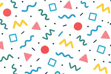 Seamless pattern with colorful geometric shapes on transparent background, evoking the memphis style design of the 1980s