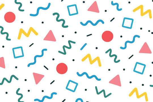 Seamless pattern with colorful geometric shapes on transparent background, evoking the memphis style design of the 1980s