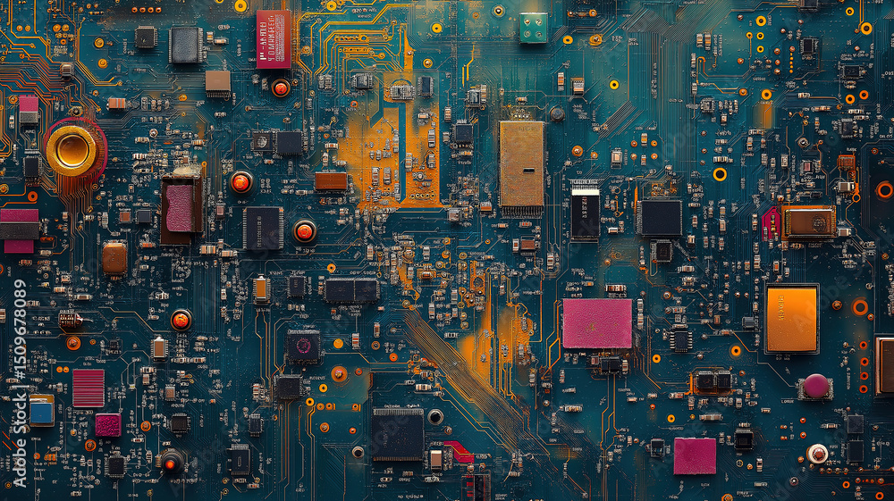 Poster electronic circuit board with intricate connections highlighting complexity in electronics manufactu