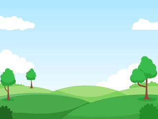 Meadow landscape with some trees, and blue sky vector illustration