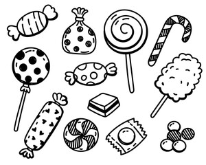 Set of candy vector illustrations in doodle style on a white background. Candy doodle elements.