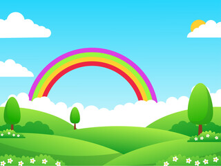 Meadow with rainbow landscape vector suitable for kids background or illustration