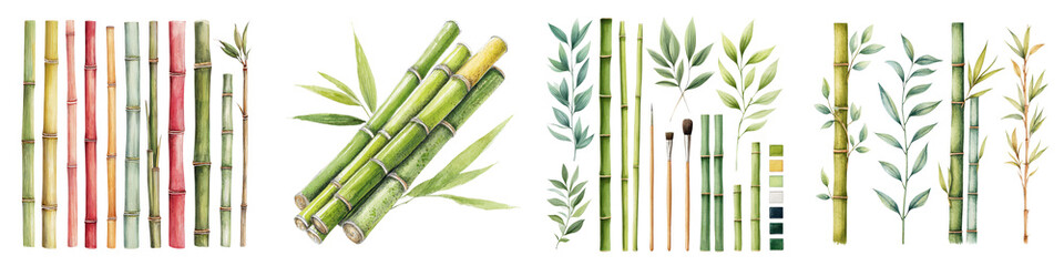 Obraz premium Vibrant bamboo illustrations featuring green, red, and yellow colors, showcasing intricate leaves and stems, ideal for nature-themed designs and eco-friendly products