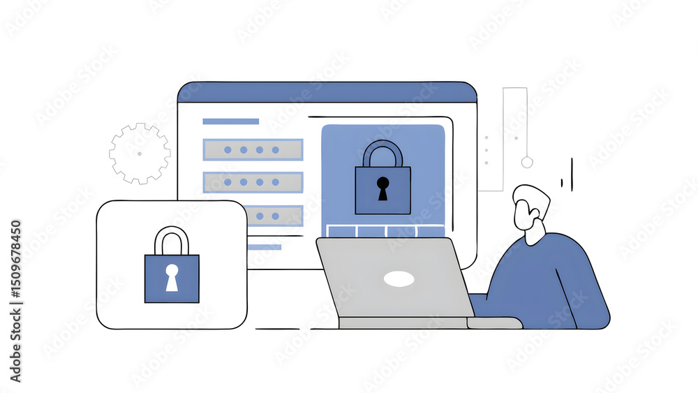 Poster a lock icon and security code show on the change password page while a business person using a lapto