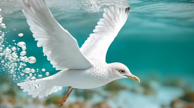 Unique underwater view of a seagull with outspread wings diving near the ocean surface