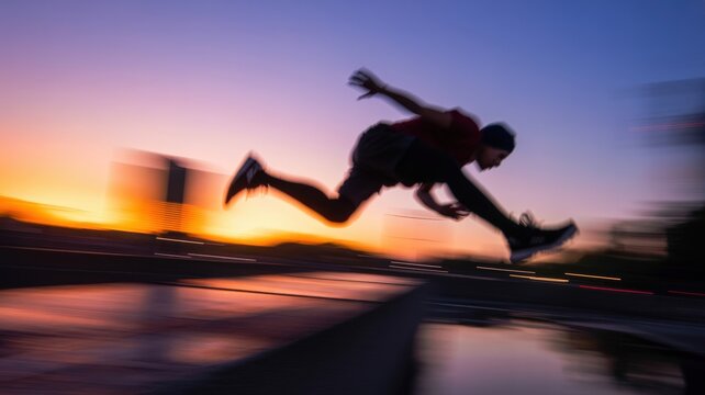 Dynamic Silhouette Leaping Across Urban Sunset Sky with Motion Blur