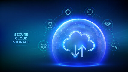 Secure Cloud Storage. Cloud icon inside transparent protection sphere shield with hexagon pattern on blue background. Cloud computing. Database storage, Data center protection. Vector illustration.