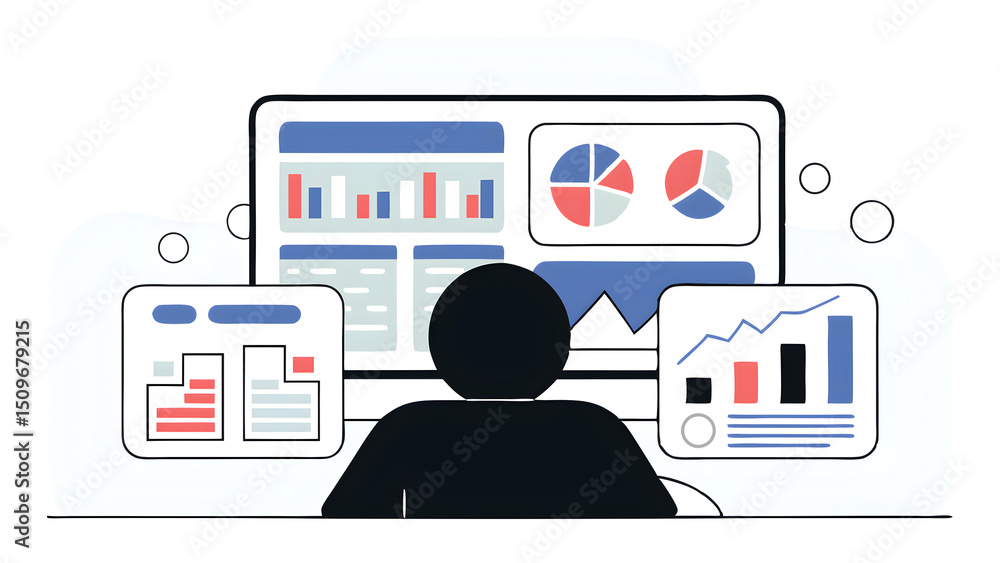 Poster business person analyzing financial graph and marketing strategy data on virtual interface dashboard