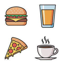 Flat cartoon icons of a cheeseburger, glass of juice, pizza slice, and coffee cup, each with bold outlines and bright colors.