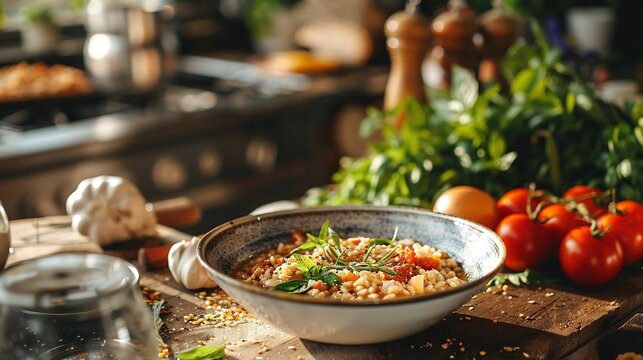 Cozy farm to table restaurant showcasing a gourmet risotto dish surrounded by fresh ingredients in a rustic wooden kitchen