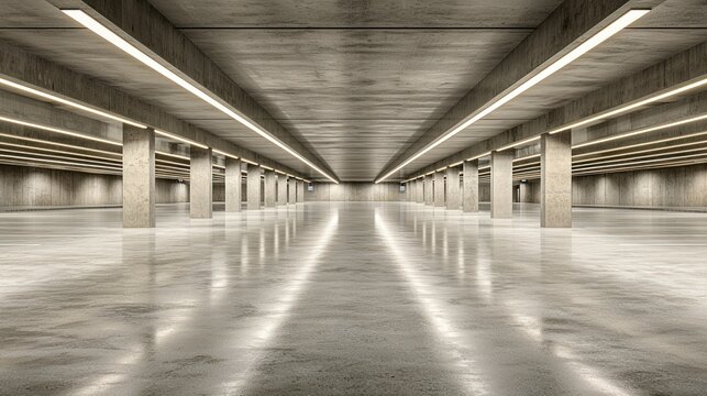Empty parking garage w/ light strips reflecting off floor