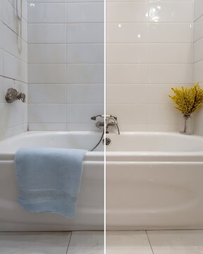 Bathtub with soap scum and algae stains and after scrubbing until white.