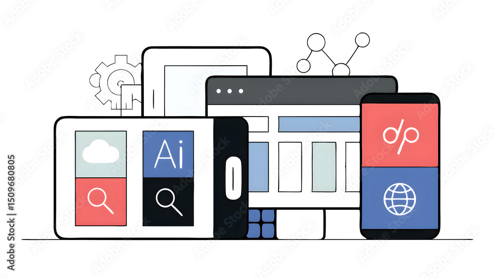 Poster geo concept generative engine optimization for online marketing strategy icons representing ai codin
