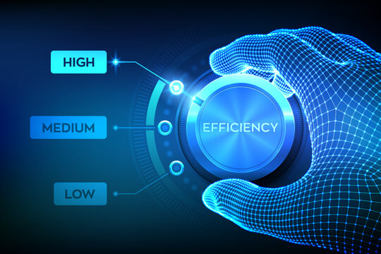 Efficiency levels knob button. Increasing efficiency level. Wireframe hand turning an efficiency test knob to the highest position. Development and business growth concept. Vector illustration.
